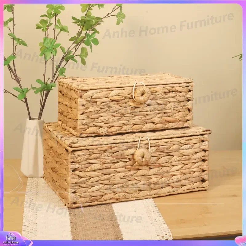 Natural Water Hyacinth Woven Storage Basket with Lid 2 Piece Set Round Pet Bed Cat Dog House Handmade Wicker Organizer Box