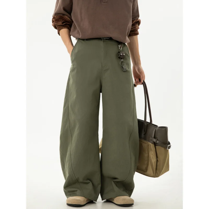 

Side Split Patchwork Scimitar Casual Pants Men Autumn New Trendy Loose Retro Textured Pleated Long Pants