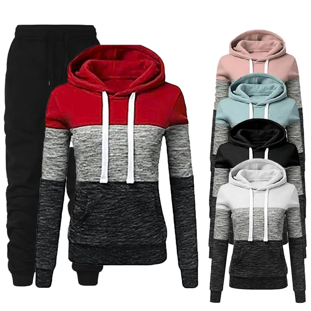 1 Set Simple Pullover Trousers Tracksuit Top Pants Set Color Block Warm Sweatshirt Lace-up Sweatpants  Soft