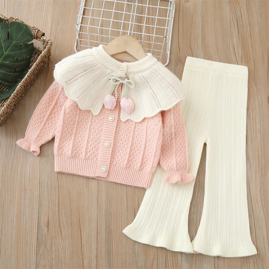 Children's Clothing Sets Tulip Lapel Sweater + Wide-leg Pants Winter Baby Girl Clothes Knit Sweater Toddler Cardigan for 2-6 Y