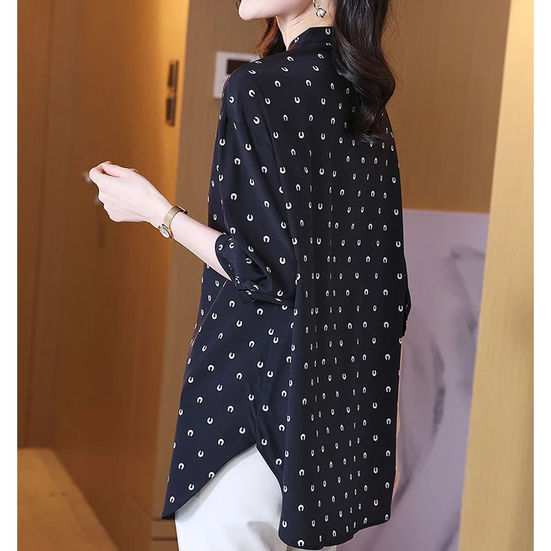 Spring Summer POLO Collar Fashion Long Sleeve Shirt Women High Street Casual Button Cardigan Printing Elegant All-match Blouse