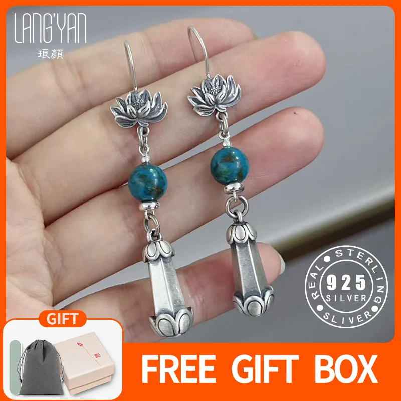 

Langyan длинные серьги из натурального хризокола в китайском стиле, стерлинговое серебро 925 пробы, серьги с изображением лотоса и феникса для женщин EH305