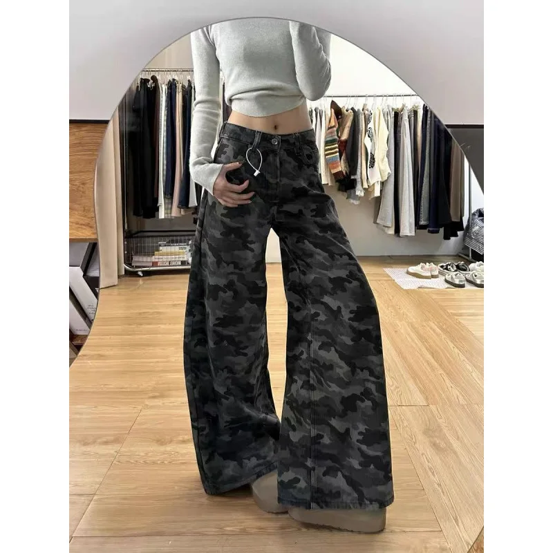 

2025 spring retro high waist loose and thin mopping pants American high street tooling wide leg camouflage jeans women