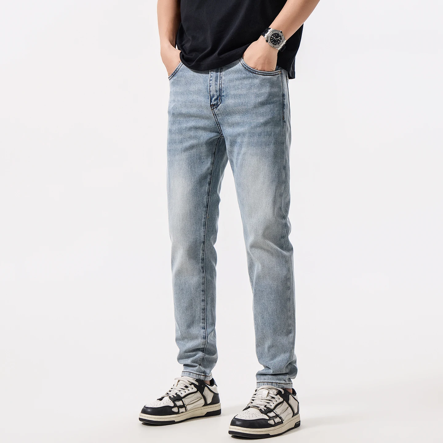 Shorter Guys Korean Men's Vintage Blue Washed Stretch Harem Pants All Season Style Slim Stretch Tapered Straight Denim Jeans