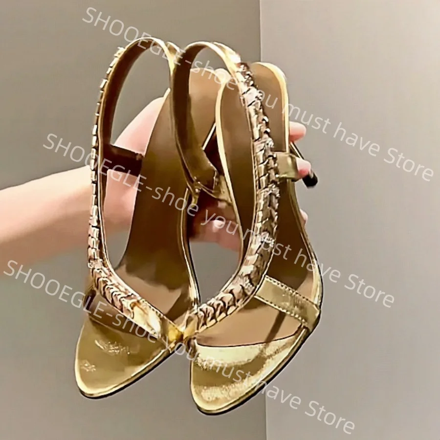 

Women Satin Peep-Toe Stiletto Heel Slingback Sandals Gold Metal Chain Detail Design Classic Dress Party Ladies Luxury High Heels