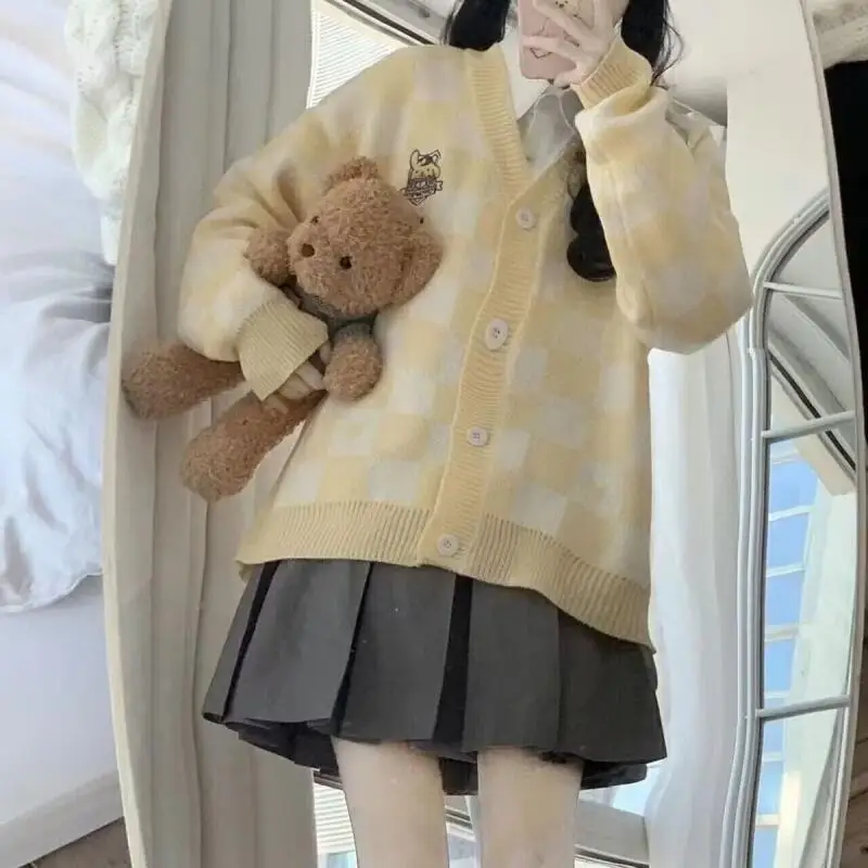 Sanrioed Mädchen Pompompurin Strickjacke Herbst Winter Cinnamoroll Strickmantel My Melody Stickerei Oberteile Locker Süß Übergroß