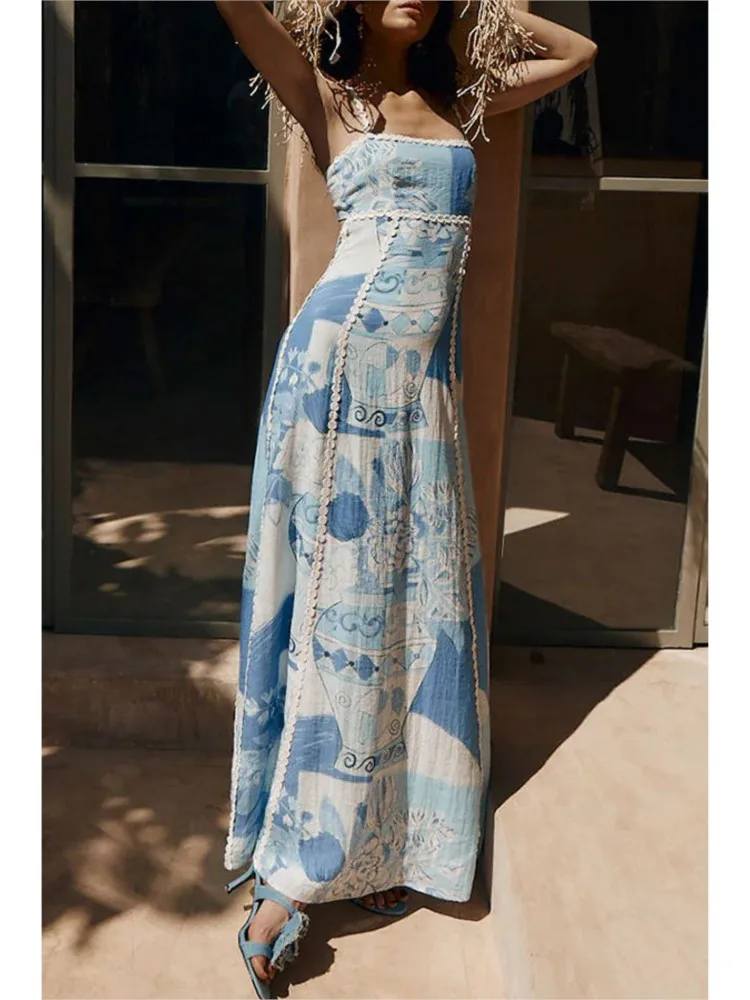 

Women Strapless Suspender Dresses Sexy Maxi Lace Backless Large Hem Fashion Printed Long Skirt 2025 Summer New Holiday Vestidos