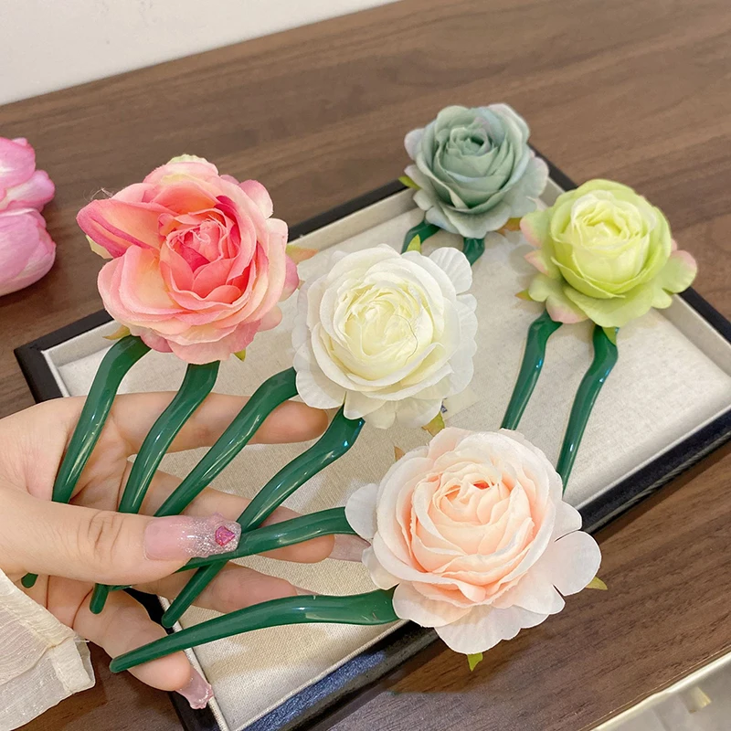 U-shaped Hair Sticks Hairwear Women Bicolor Flower Hairpin Headdress Jewelry Cheongsam Disk Hairstick Accessories