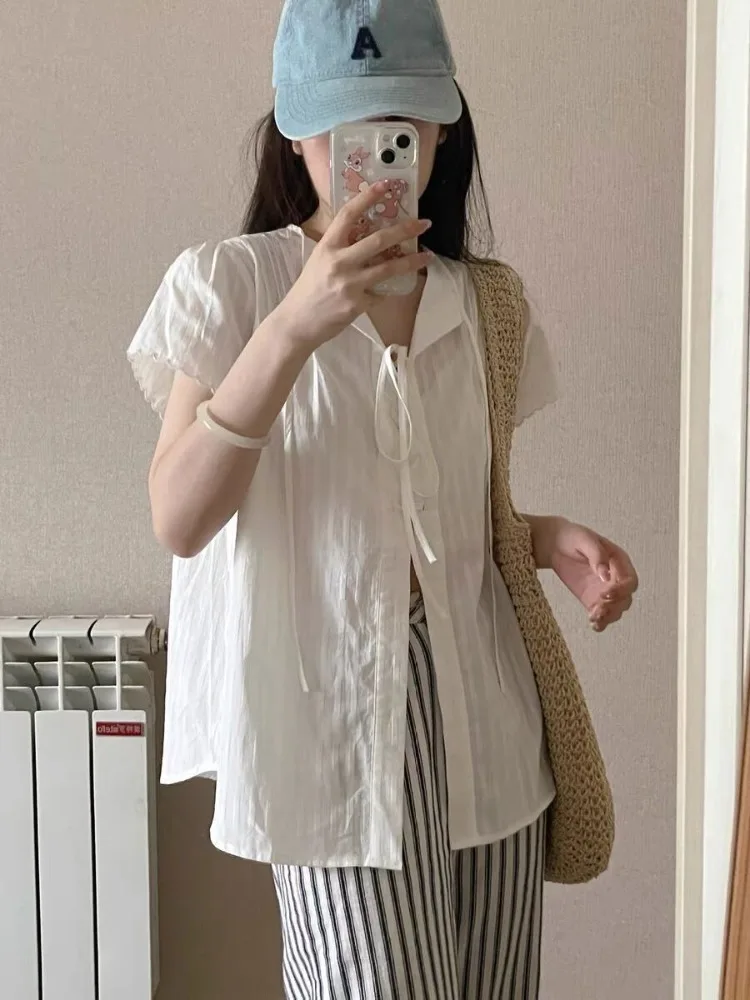 

Deeptown Vintage White Women Blouses Elegant Lace Up Shirt Cardigan Casual Sweet Loose Short Sleeve Summer See Through Cover Up