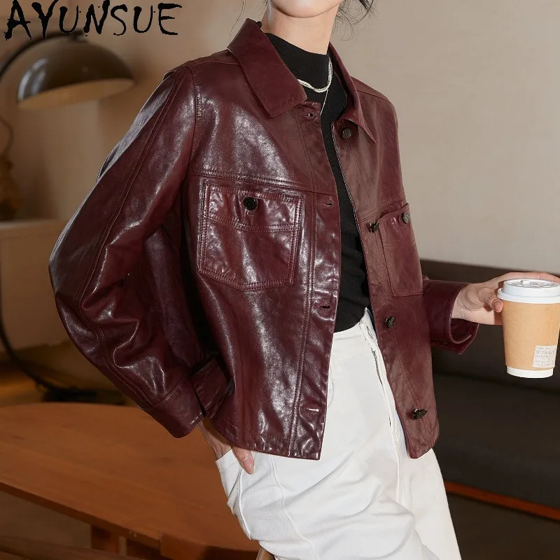 

AYUNSUE Real Leather Jacket Woman Fashion Oil Wax Vintage-style Jackets for Woman Jsheepskin Short Coat Woman Clothes Ropa Mujer