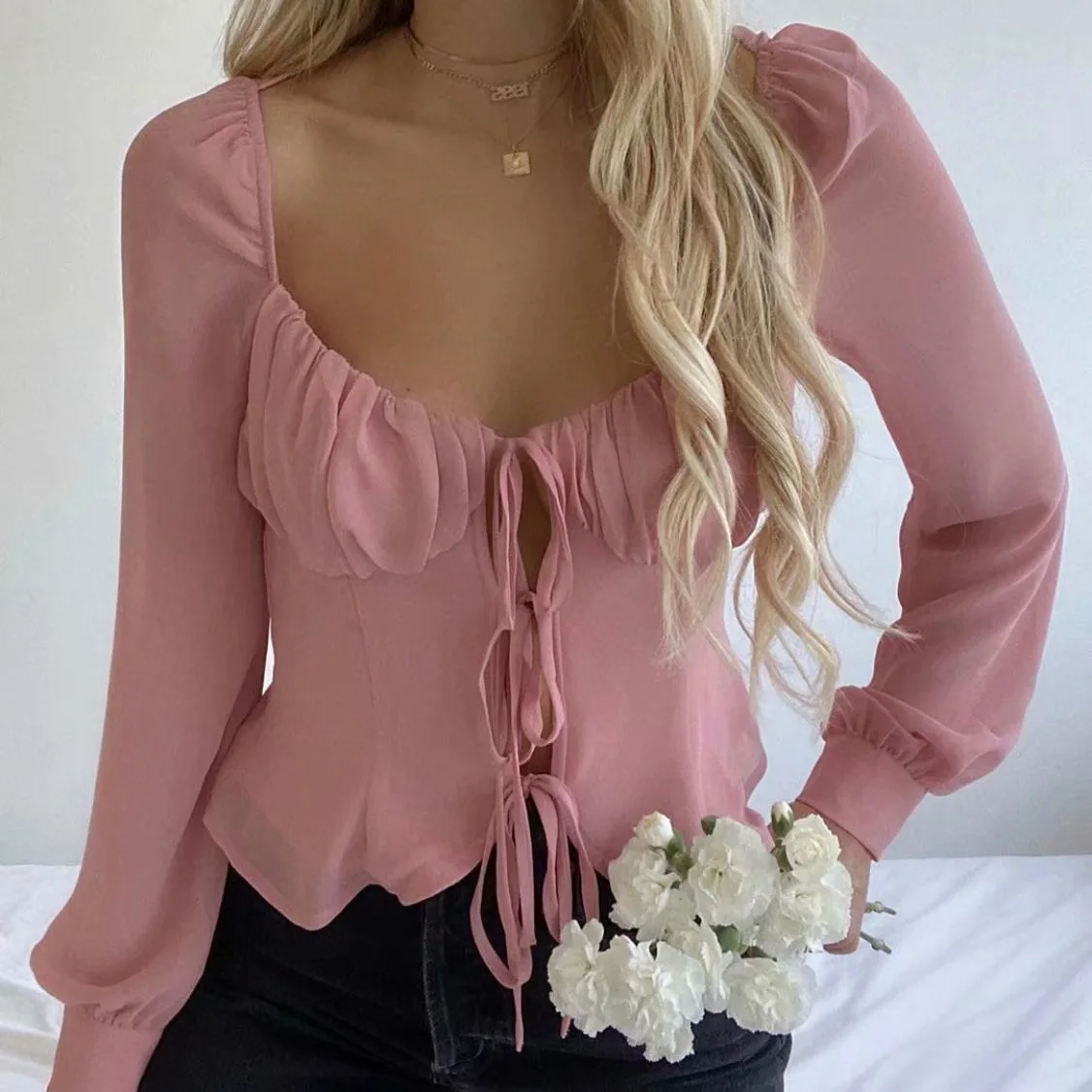 

Sweet 2024 Tees Women Sexy Long Sleeve Pullover Korean Lady Solid Elegant Square Collar T-Shirts Pink Lace Up Tops Streetwear