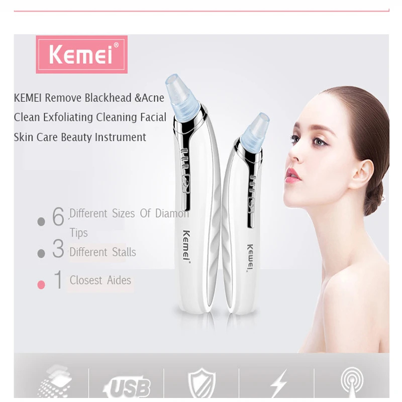 Kemei Facial Pore Cleaner Electric Portable Removal Blackhead KM-1868 Suction Acne Remover Tool Kit Skin Care Beauty Machine