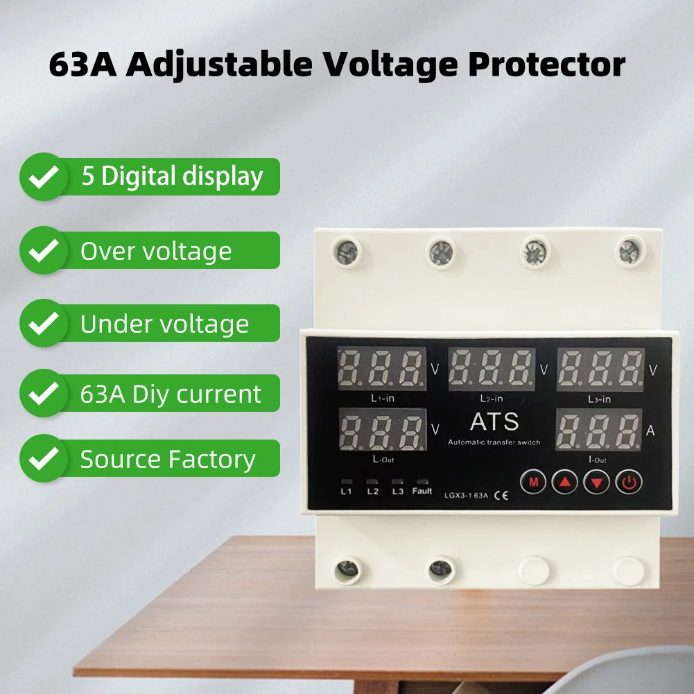 RMshebei Intelligent Digital Display 3P+N 63A 100A Din Rail Over Voltage and Under Voltage Protection Adjustable Current