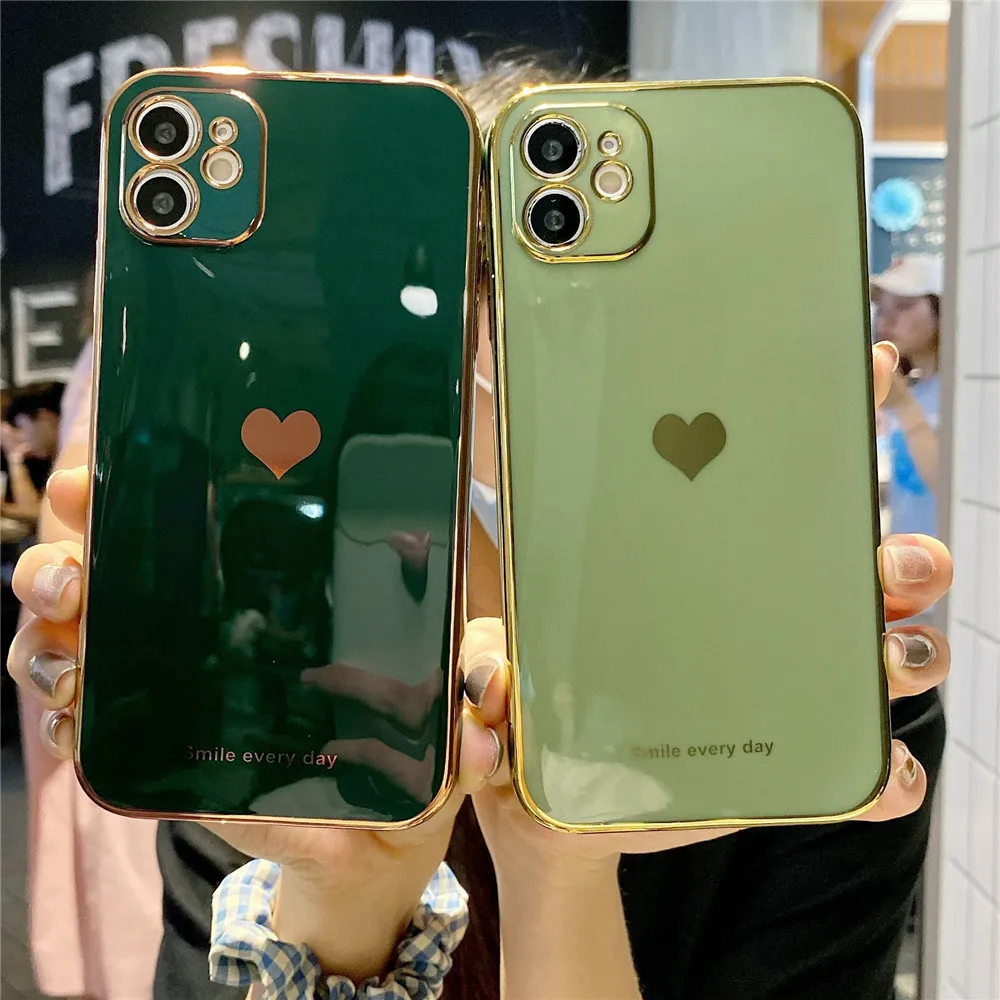 Electroplated Love Heart Phone Cases For iPhone 13 12 11 Pro Max XR X XS Max 7 8 Plus Soft Silicone Camera Protective Back Cover