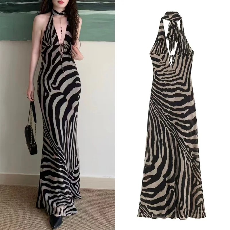 Fanan Guobioziy Women's Dress 2026 Summer New Zebra Print Halter Sexy Deep V Long Dress Beach Vacation Elegant