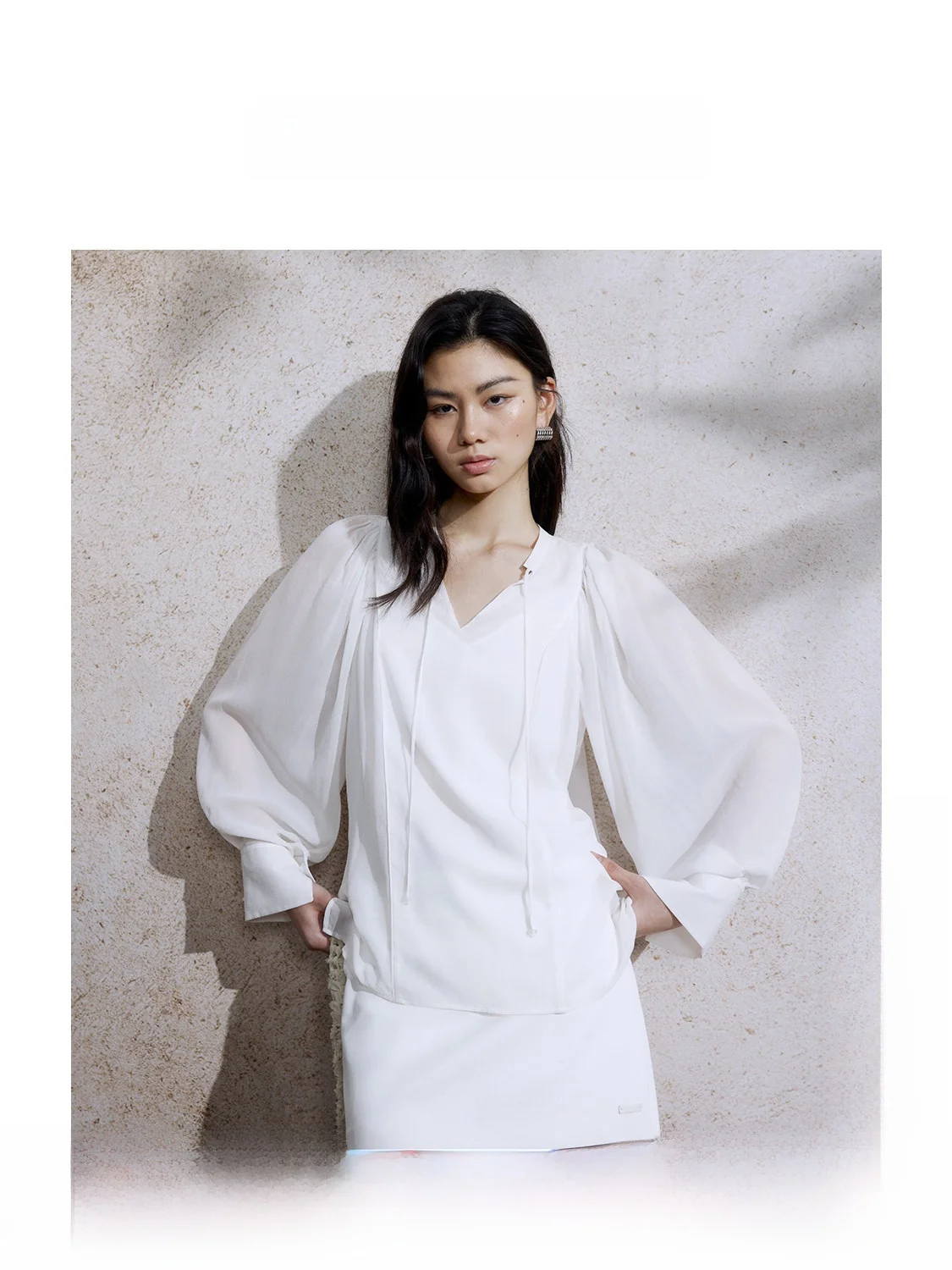 

ZhiZhi Chiffon Silk Drawstring V-Neck Stand Collar Loose Women's Shirt Elegant Style Pure Color Summer Thin Long Sleeve