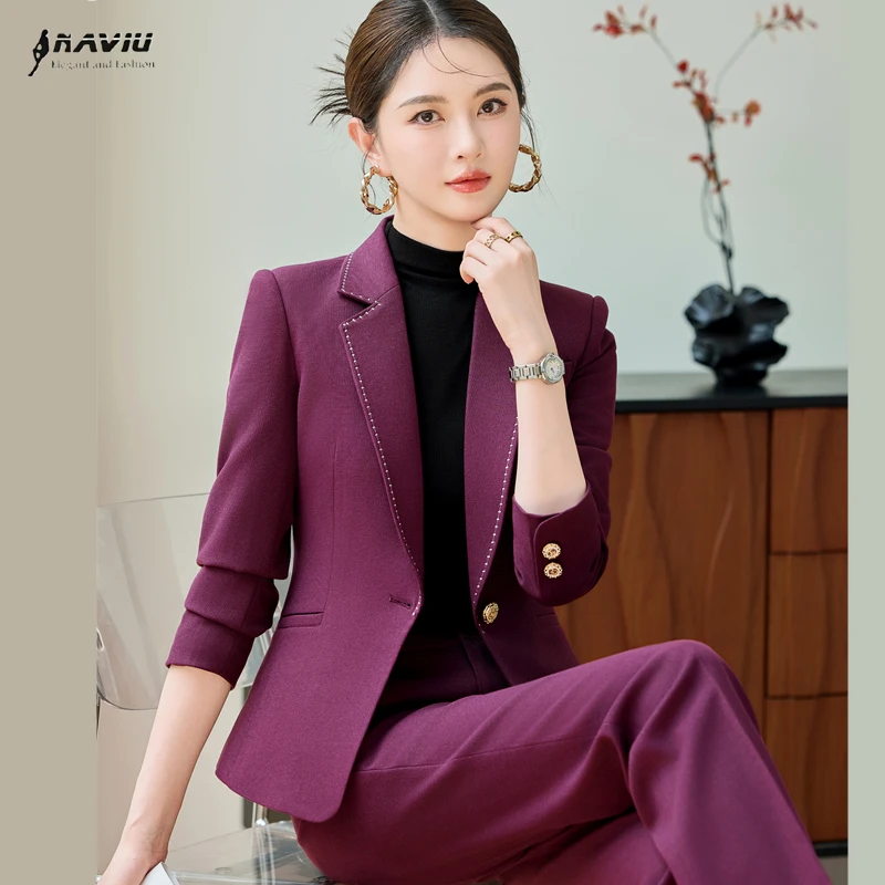 

NAVIU однотонный женский костюм для офиса, новинка 2025 года, модный элитный тонкий пиджак с длинными рукавами и надрезом, винтажный расклешенный брючный костюм с высокой талией