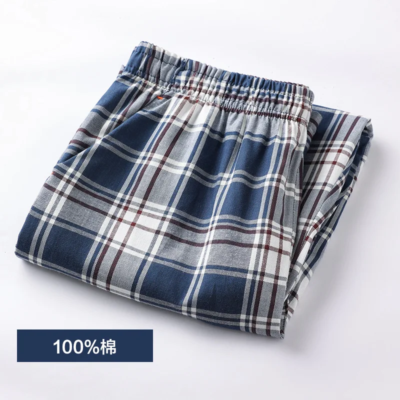 Spring Autumn High Quality Pants Men 100% Cotton Sleep Bottoms Male Plus Size Night Trousers Men Casual Loose Plaid Home Pants