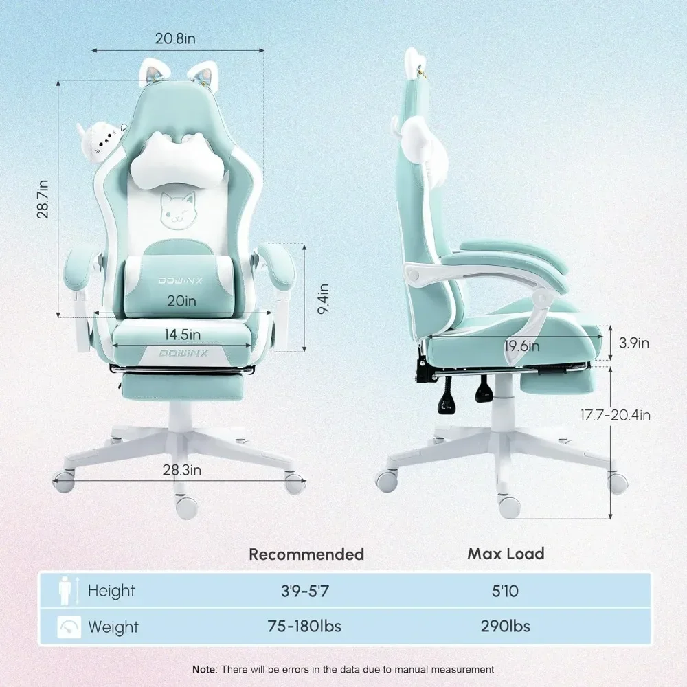 Gaming Chair Cute with Cat Ears and Massage Lumbar Support, Ergonomic Computer Chair for Girl with Footrest and Headrest