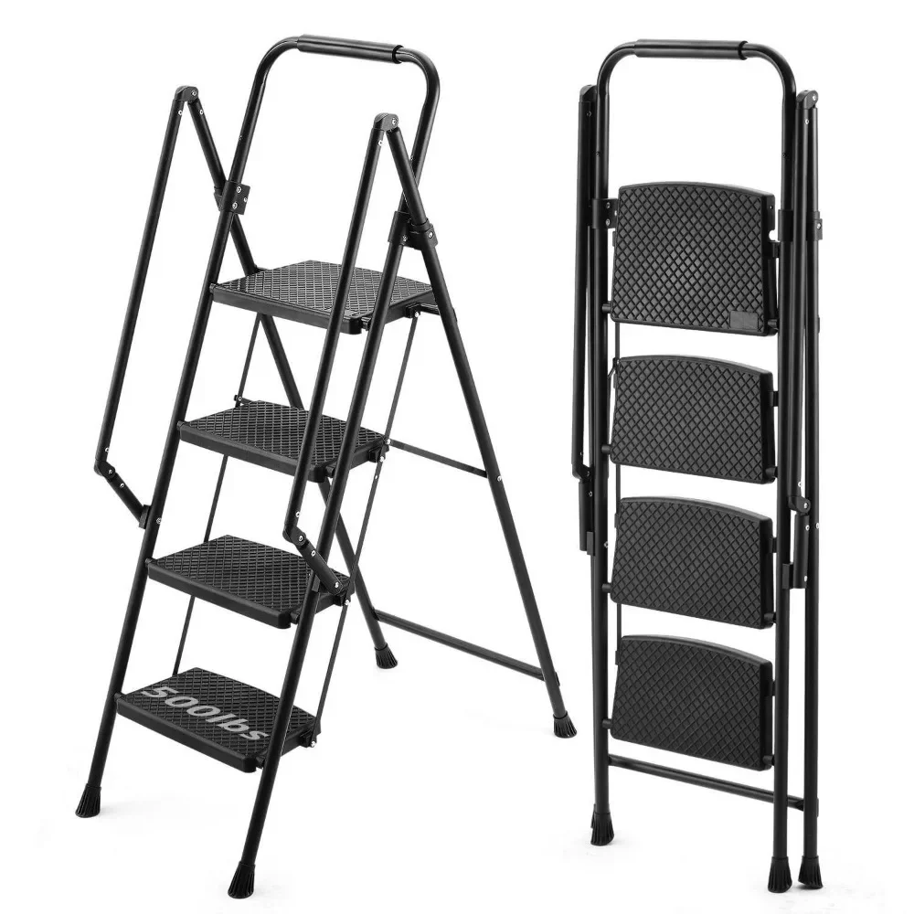 Four step ladder, lightweight folding four step stool,  and safety handle, sturdy steel ladder, multi-purpose step ladder