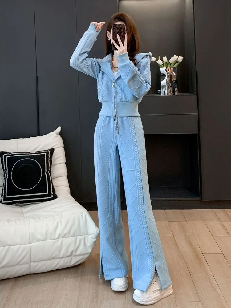 Pant Sets for Women 2 Pieces Wide Leg Sweatshirt Sport Blue Tracksuit Autumn Winter Trousers Woman Outfit Casual Elegant Luxury