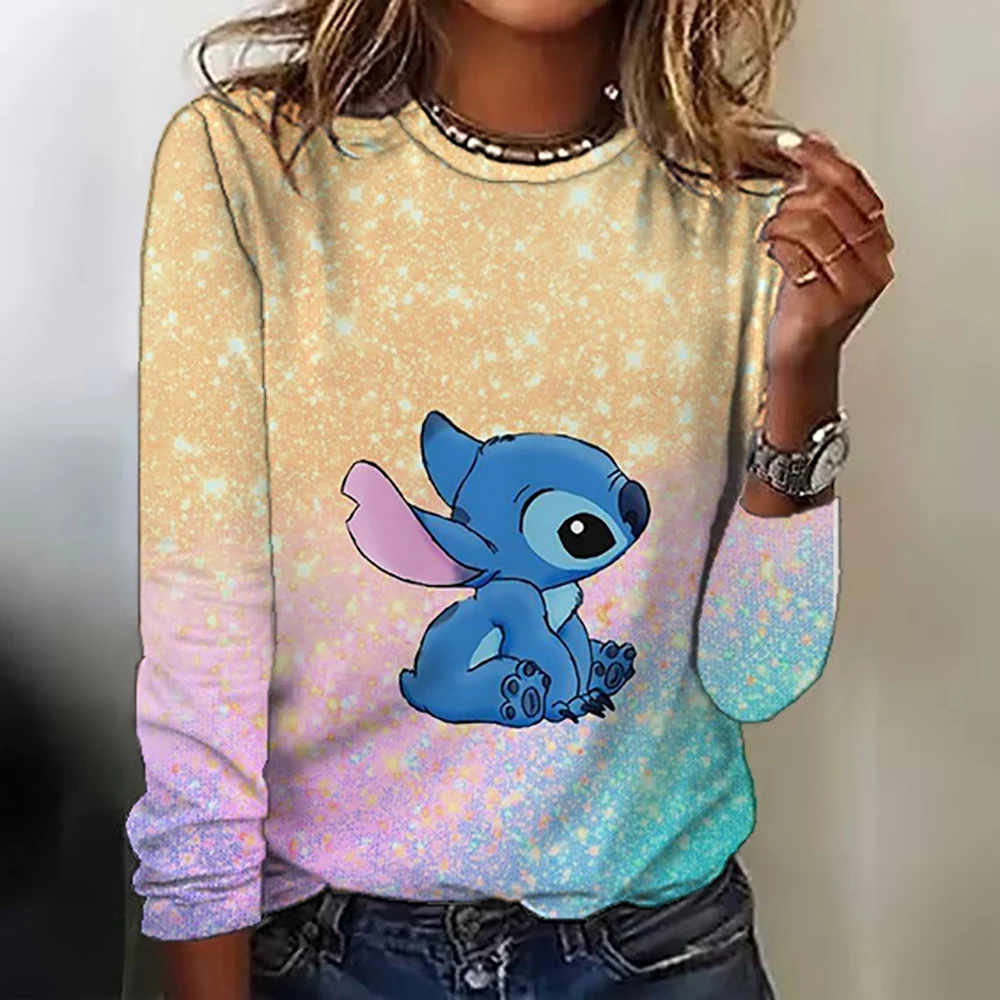 Mickey Mouse Stitch Print T-shirts Tops for Women Lady Autumn Children T-shirts Casual O-neck Ohana Stitch Disney T-shirts