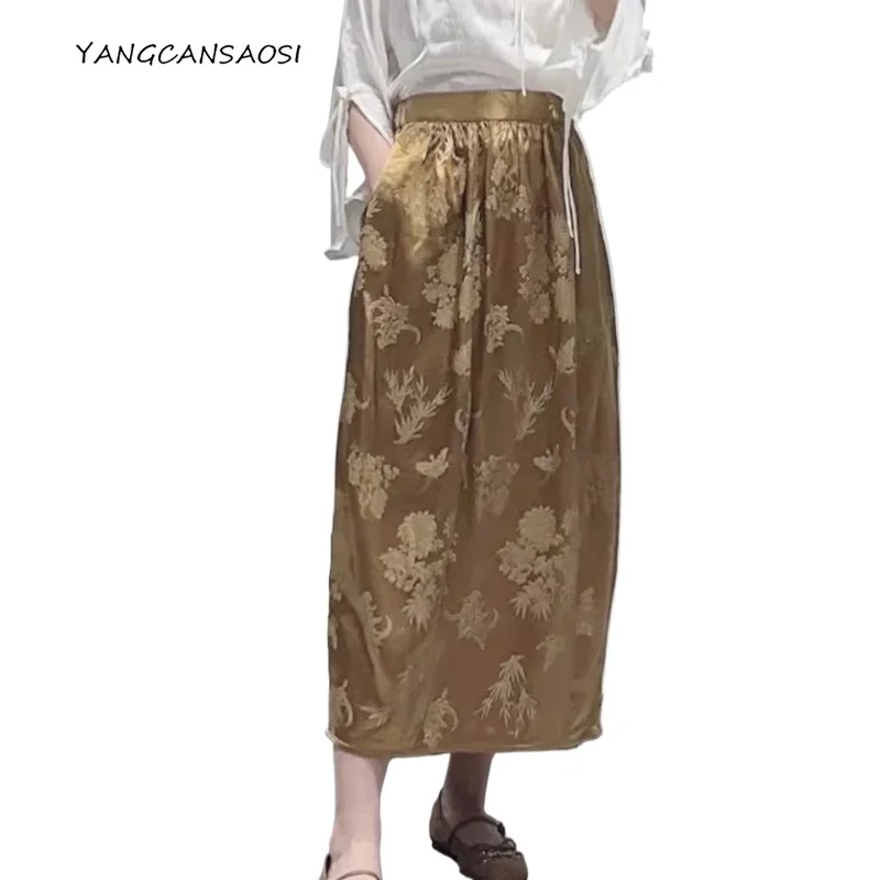 

2025 женская модная одежда, тяжелая вес 30 мм, 60% натуральный шелковый жаккардовый атлас GuanLe, атласная юбка в стиле ретро с разрезом и карманами