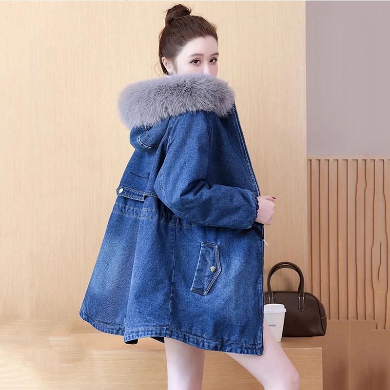 

2023New Winter Denim Women Jacket Fashion Hooded Cowboy Outerwear Female Tops Casual Plus Velvet Warm Jean Overcoat Ladies Coat