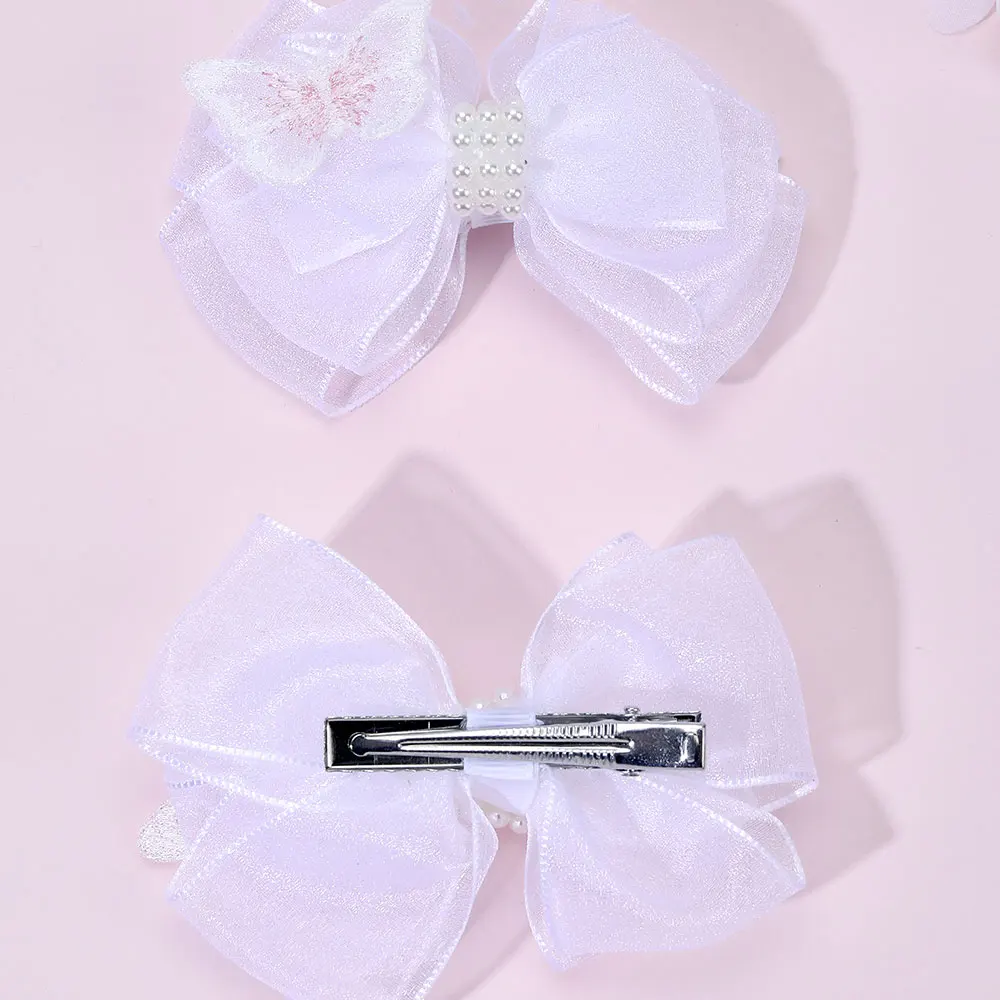 2Pcs White Chiffon Pearl Bow Hair Clip Embroidered Butterfly Hairpin Children Bowknot Hairgrips Korean Headwear Hair Accessories