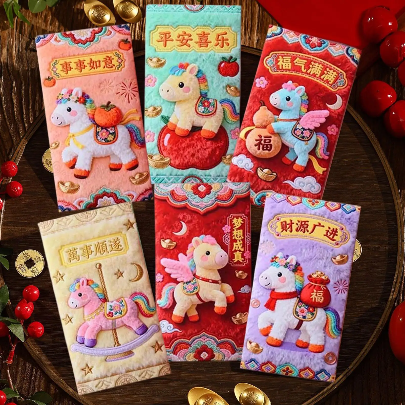 2026 Chinese Red Envelope 6pcs Creative 3D Color Printing Embroidery Red Envelope New Year Auspicious Red Money Envelopes