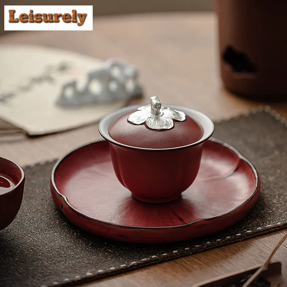 160ml Handmade Zhiye Braised Ceramic Gaiwan Persimmon Red Ruyi Tea Tureen Household Tea Making Cover Bowl Tea Services Craft