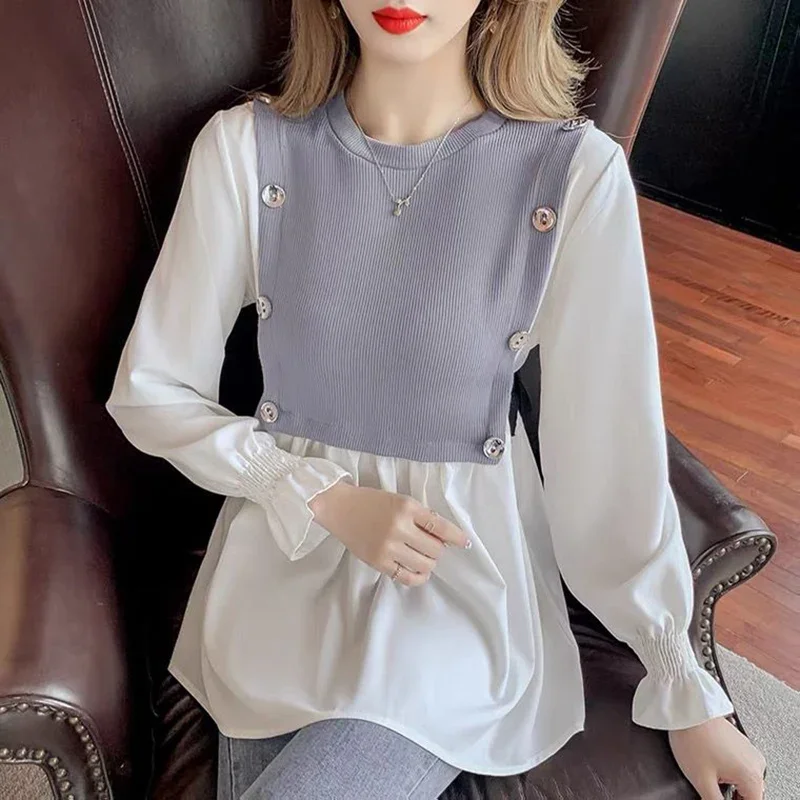 Zoete O-Hals Knoop Gesplitst Nep Twee Stukken Blouses Dameskleding Herfst Winter Losse Casual Tops Prinses Mouw Shirts X803