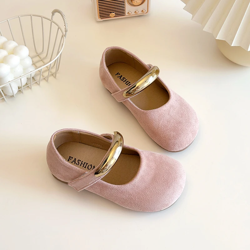

Girls Suede Mary Jane Shoes Gold Metal Buckle Flats Kids Vintage Princess Dress Shoes Toddler Soft Sole