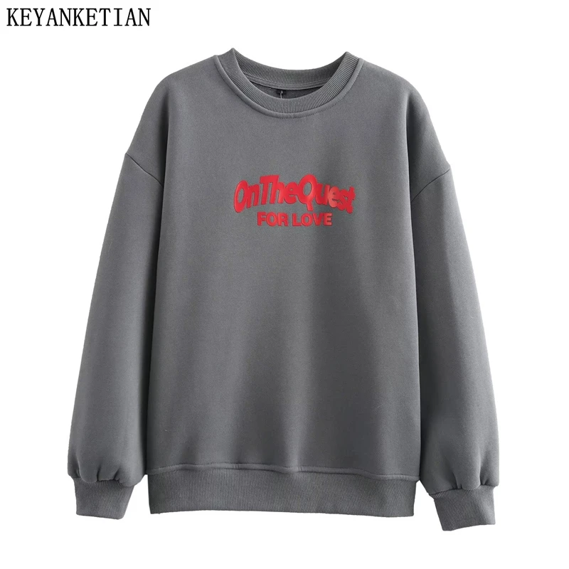 KEYANKETIAN Winter New Women's Letter Cupid Print Fleece Hoodies Street style Screw Thread Patchwork O-Neck Loose Pullover Top