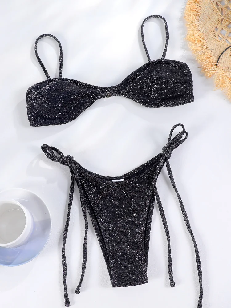 Shiny Swimsuit With Ties Push Up Bikini Sexy Swimwear Women String Bathing Suit Brazilian Bikini Solid Color Beachwear Biquini