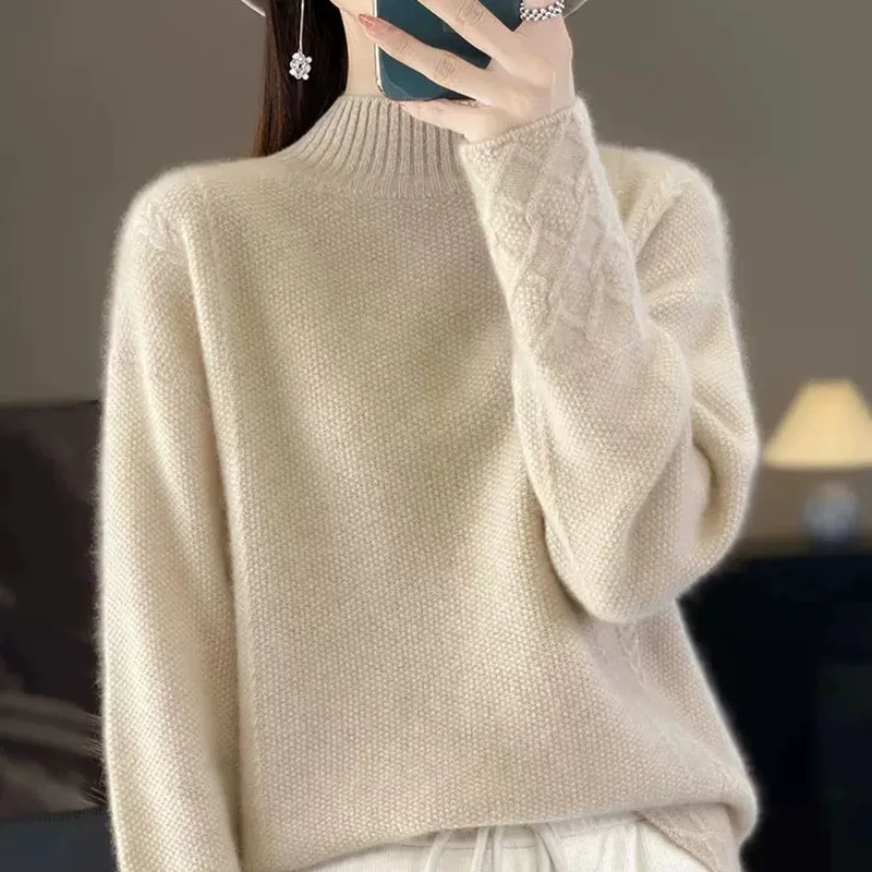 

Women Solid Half-High Collar Knitted Sweater Vintage Loose Long Sleeves Jumpers Woman Autumn Winter Thick Warm Pullover Sweaters