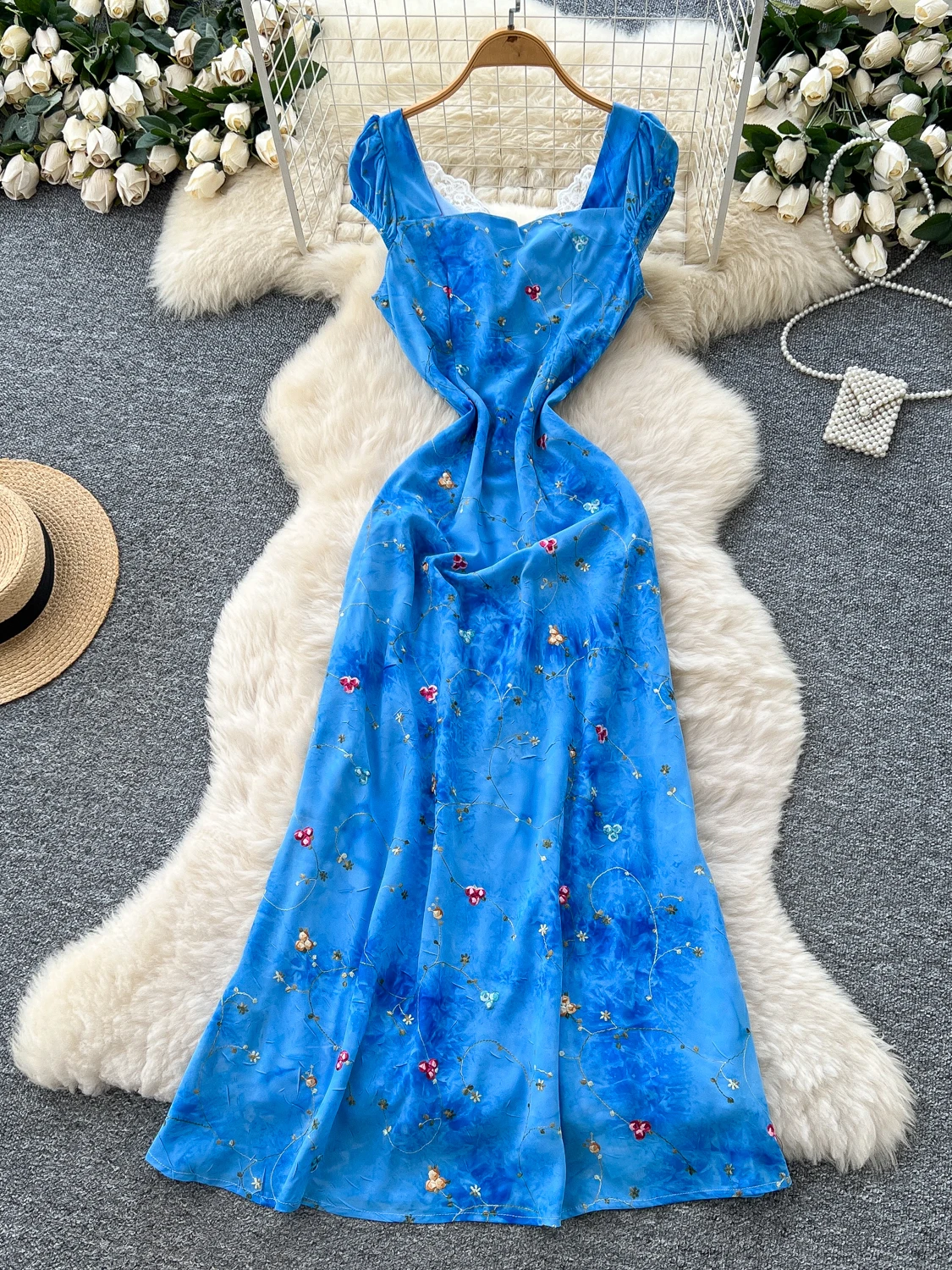 Retro Spitze Splice Bubble Sve Blumendruck Sommer Schlankheits Chiffon Dr Damen A-Linie Rock mit hoher Taille Ort Sve Dr