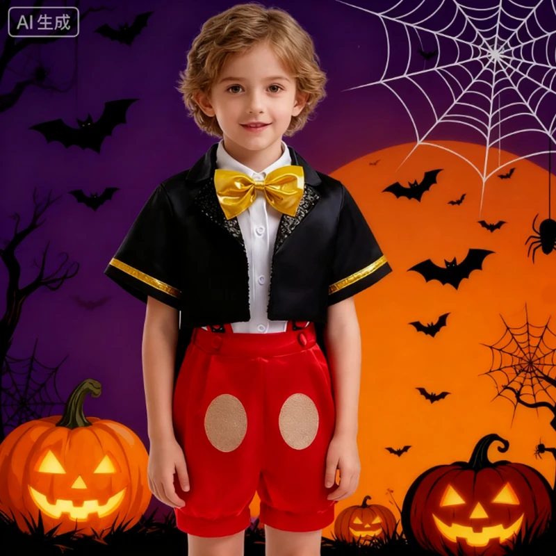 6 قطعة الكرتون ماوس بيبي بوي الملابس هالوين كرنفال عيد ميلاد وتتسابق ربطة القوس فيونكة أعلى معطف قصير الأكمام السراويل تأثيري حلي