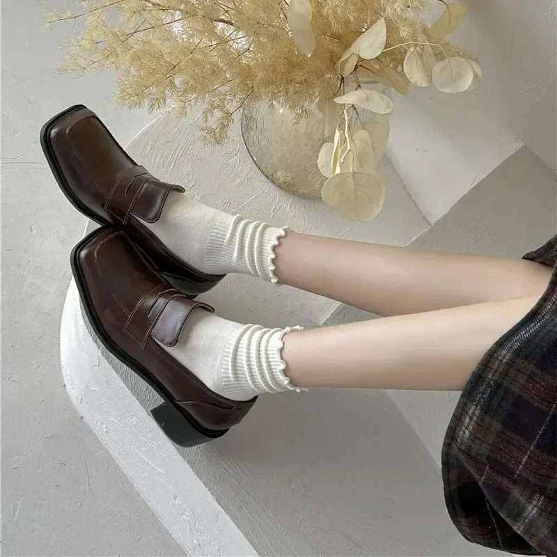 Cream Color Socks Wooden Ear Edges Harajuku Pleated JK Breathable Cotton Style Fashion Soft Mid-tube Stockings for Women