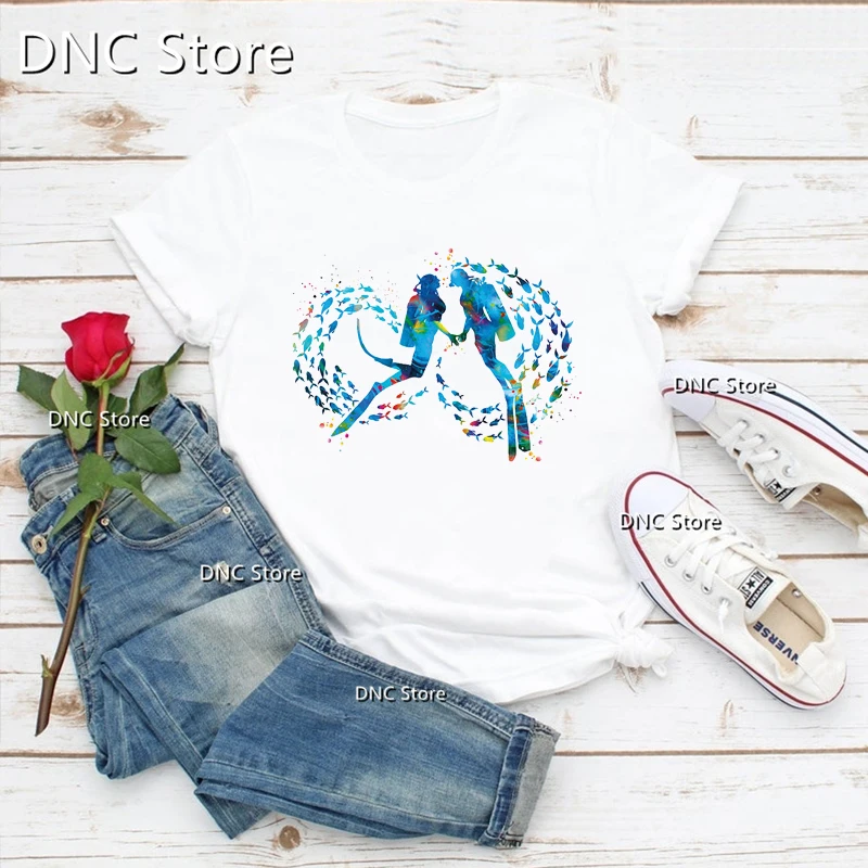 

Scuba Diving Coupe Watercolor swim Print Women t-shirt Valentine's Day Gift Clothing Fashion Harajuku Shirt Summer Femme t shirt