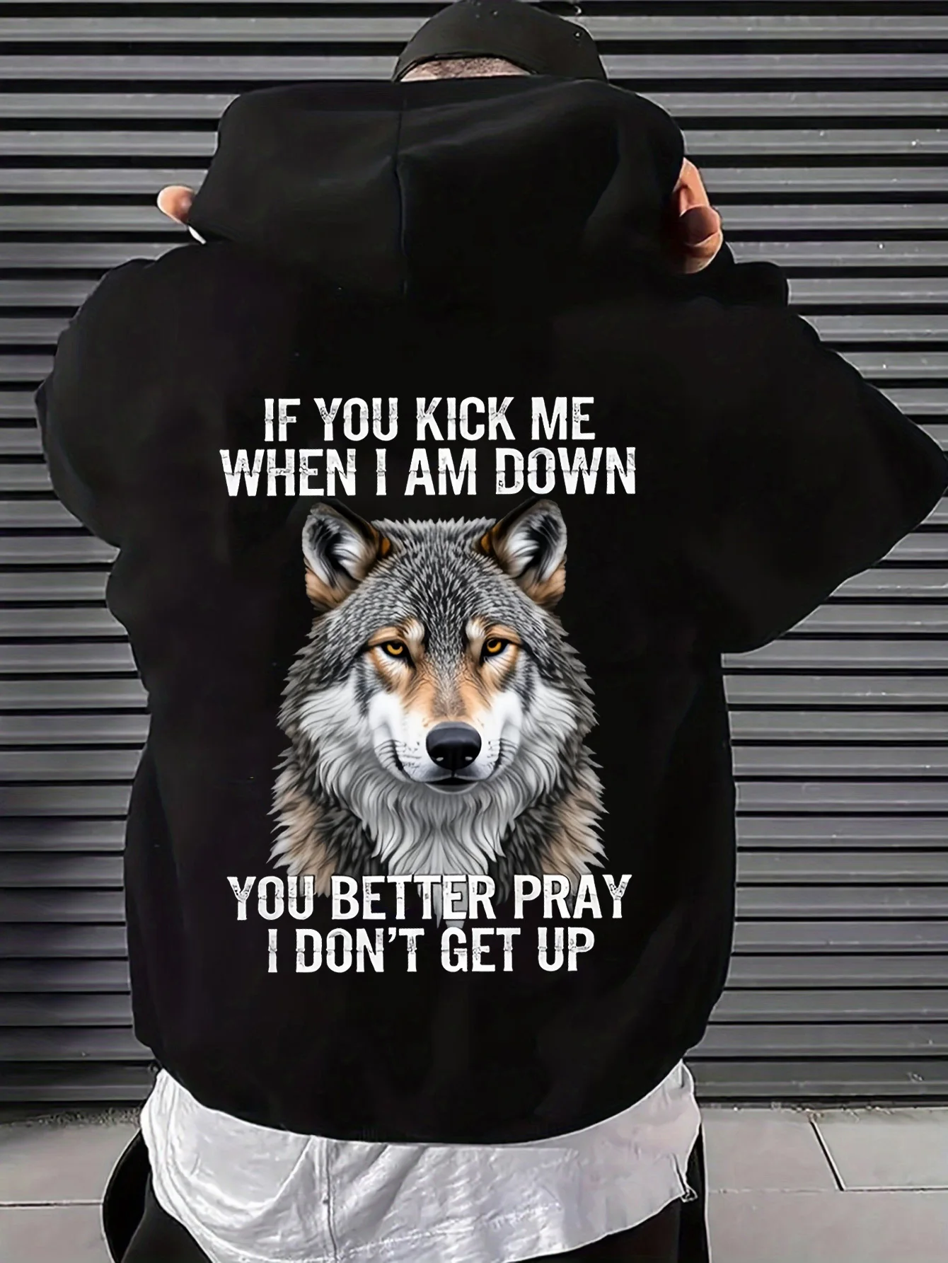 Men's Casual Hoodie with Wolf Head Quote Design, 