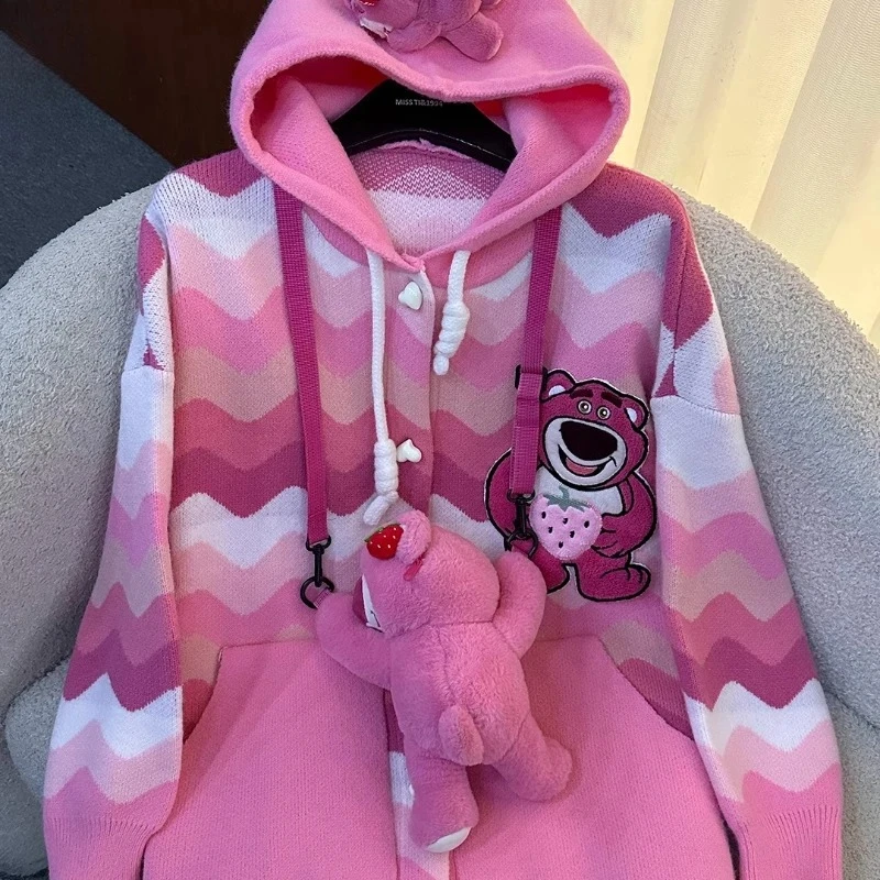 

Strawberry Bear Hooded Cardigan 3D Decor Loose Knit Sweater Sweet Cool Style Soft Warm Autumn Winter Top for Girls