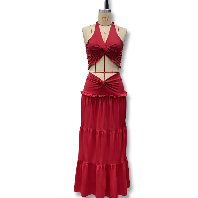 Suninbox Elegant 2025 Cutout Draped Halter Top & High-Slit Pencil Skirt Set  Sexy Office to Evening Wear Women's Outfit