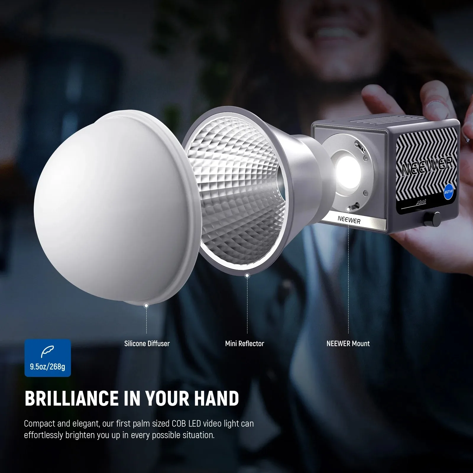 For  HS60B 60W Mini Video Light  Bi-Color COB LED Lighting with App Control Continuous Output for Photographic Use