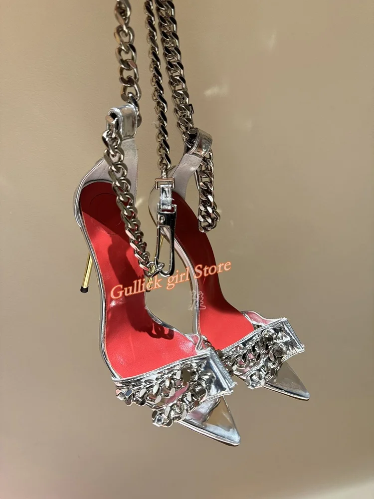 

Metal Chain Decor Red Silver Sandals Metal High Heel Sexy Pointed Toe Leather 2024 New Arrivals Real Picture High Quality Shoes