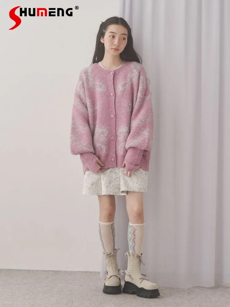 

2026 Spring New Japan Style Sweet Jacquard Loose Casual Knitted Cardigan Girls Women's Knit Jacket Coat Student Daily Knit Top