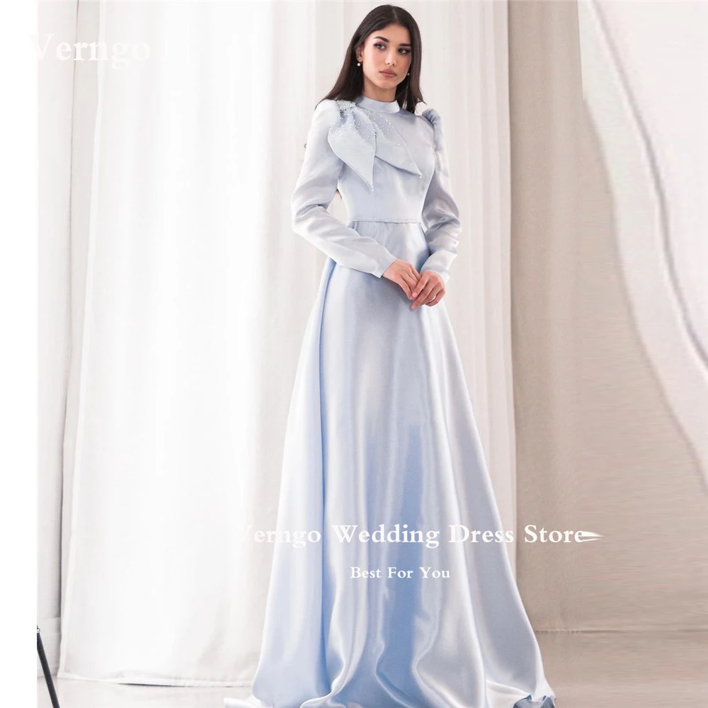 Verngo Modest Elegant Light Blue Evening Dresses Arabic Women High Neck Long Sleeves Beads Bow Satin Prom Gown Customized