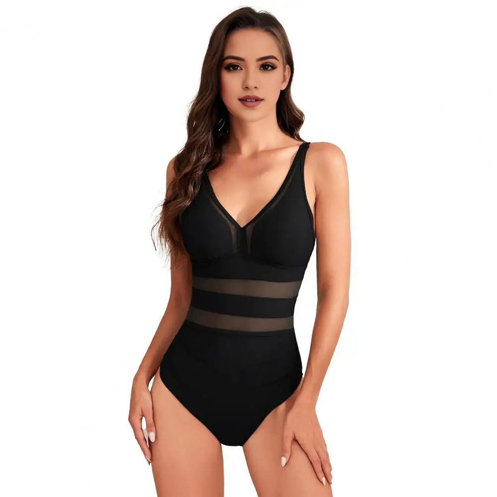 One-piece Swimwear Stylish Women's Mesh Splicing One-piece Swimsuits V-neck Beachwear with Tummy Control High Waist S-shaped