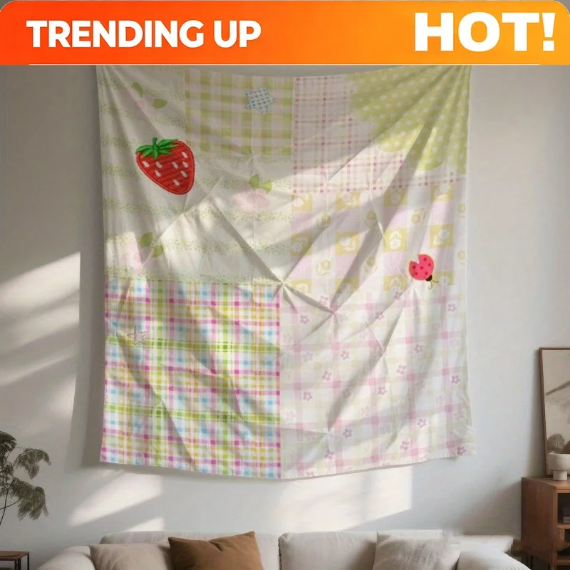 Customize VIKAMA Bohemian Rustic Patchwork Tapestry Strawberry Plaid Polka Dot Living Room Sofa Accent Wall Instagram-Style Room