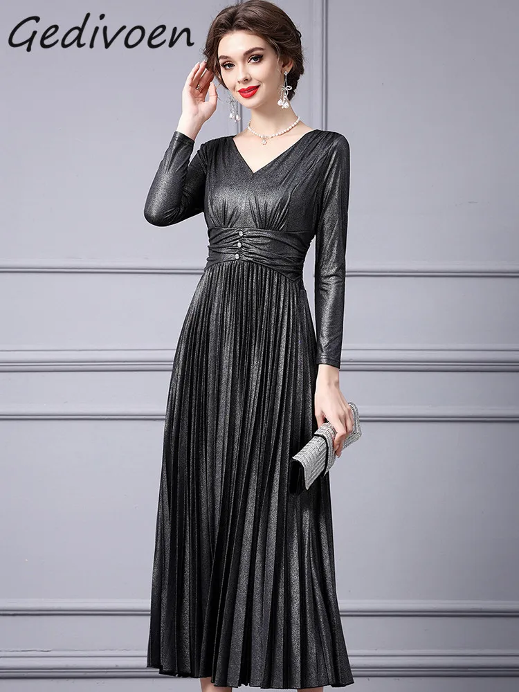 Gedivoen Autumn Fashion Designer Silver Elegant Party Dress Women's V Neck Long Sleeve Button Pleated High Waist Slim Long Dress